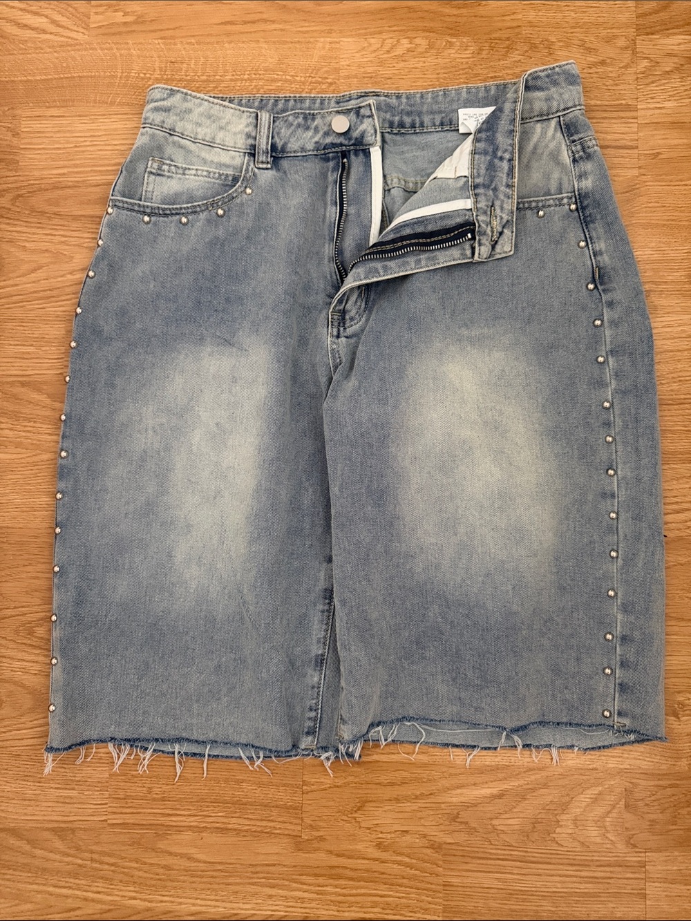 Studded Light Wash Denim Skirt - Blue